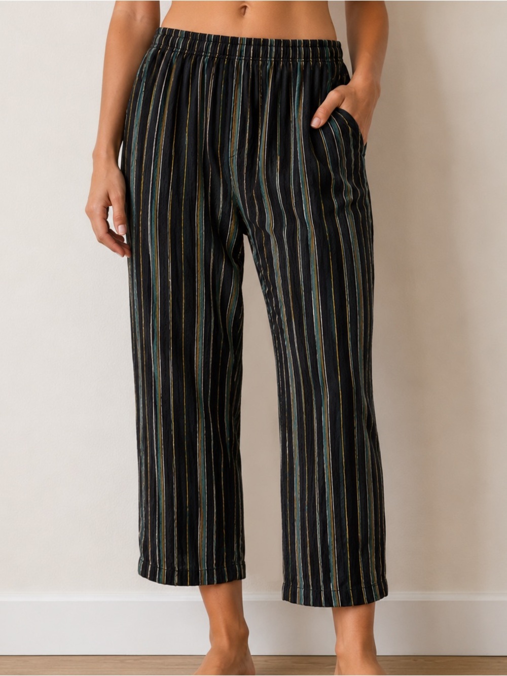 Brandy Melville High Rise Wide Leg Striped Pants Green Black One Size